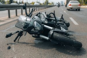 A black motorcycle lies on its side in the middle of a multi lane road after an apparent accident, with cars in the background.