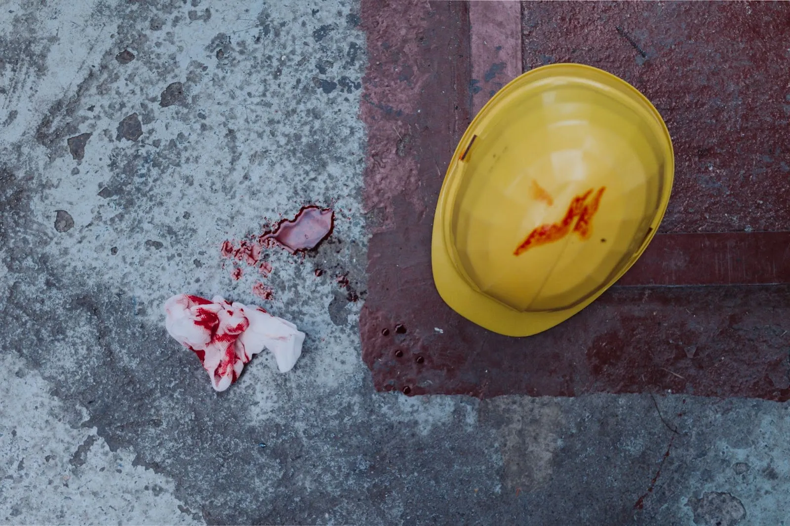 A yellow hard hat with a bloodstain lies on the ground next to a bloodied tissue on a concrete surface.