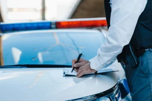 A police officer writes on a clipboard placed on the hood of a patrol car with emergency lights visible in the background. - Mereces Jeremías A police officer writes on a clipboard placed on the hood of a patrol car with emergency lights visible in the background.